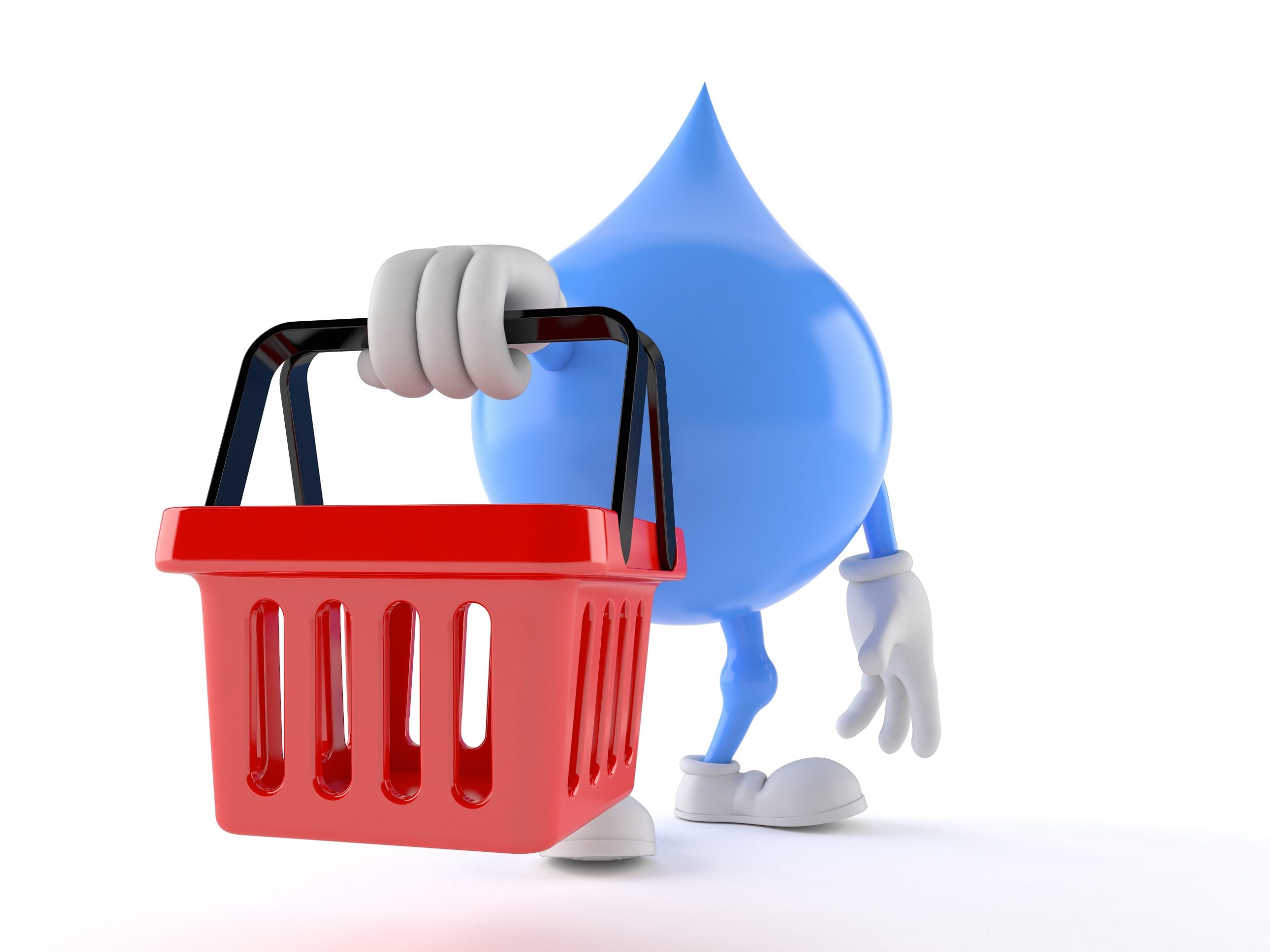 Water drop character holding shopping basket