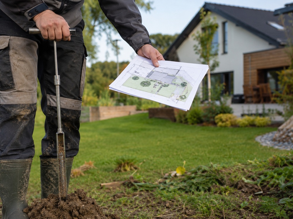 Hydrogeolog s&nbsp;ručním vrtákem dělá průzkum pro ČOV.